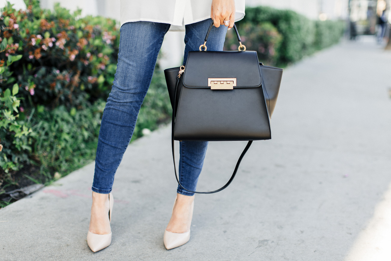 Closet Staple Pieces: white button-down, J. Crew jeans, Zac Posen bag, statement necklace and nude heels. Angela Lanter