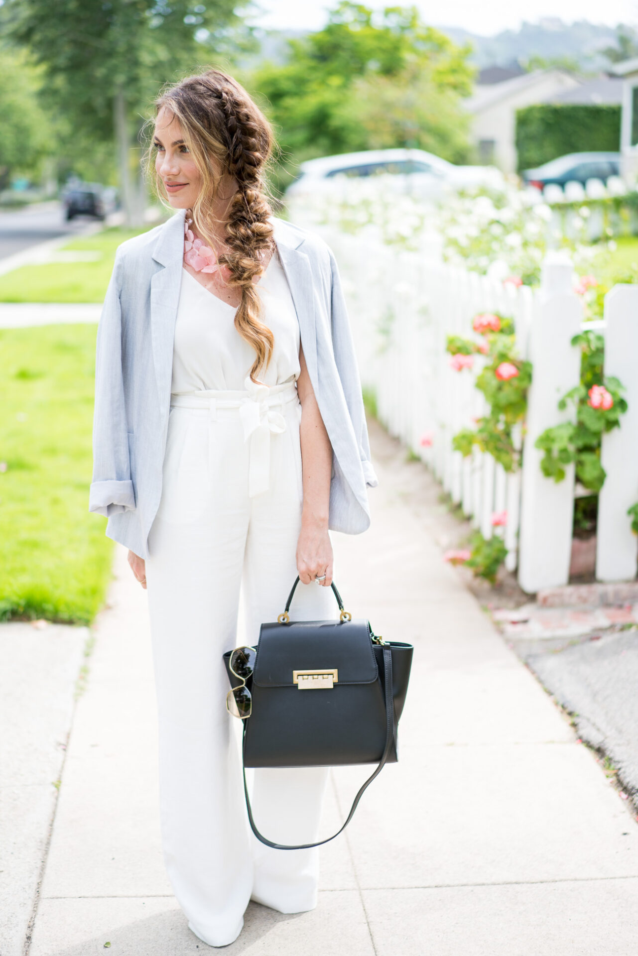TopShop white tank top, chelsea28 wide legs white pants aritzia grey blazer
