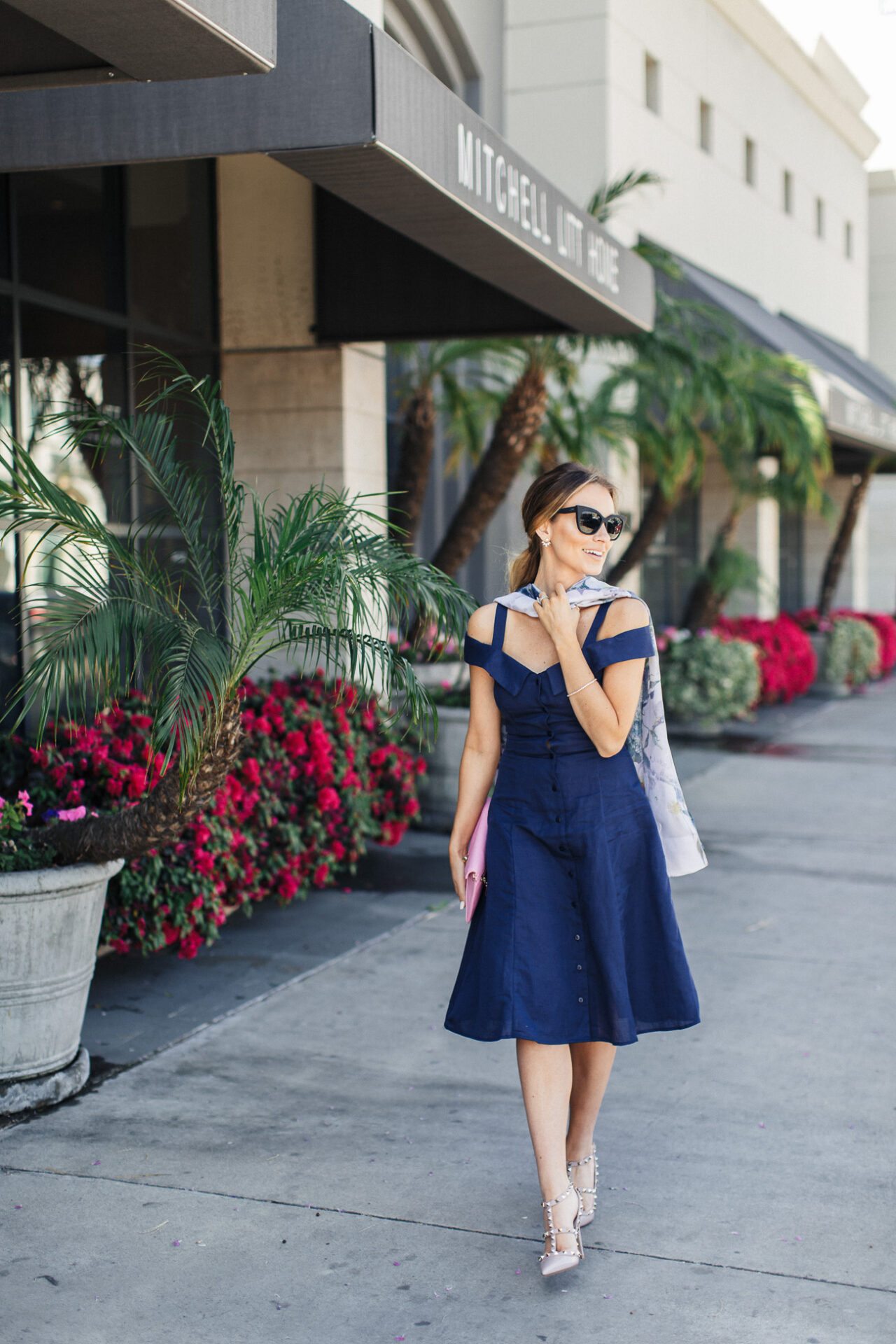 ASOS navy off-the-shoulder dress and valentino rockstud heels angela lanter hello Gorgeous