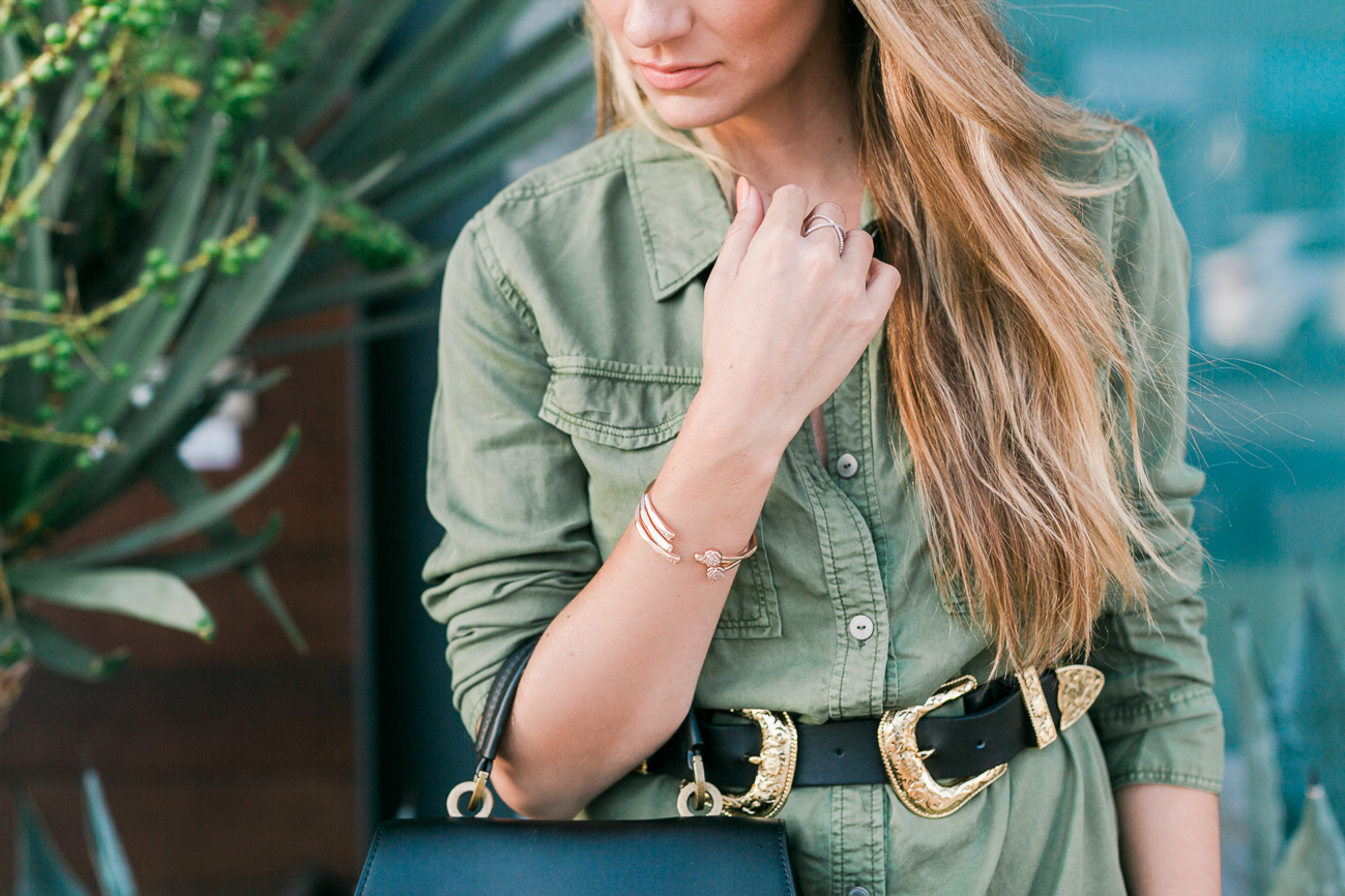 Army green shirt dress b-low the belt double gold buckle belt black vince camuto booties angela lanter fall style outfit hello gorgeous