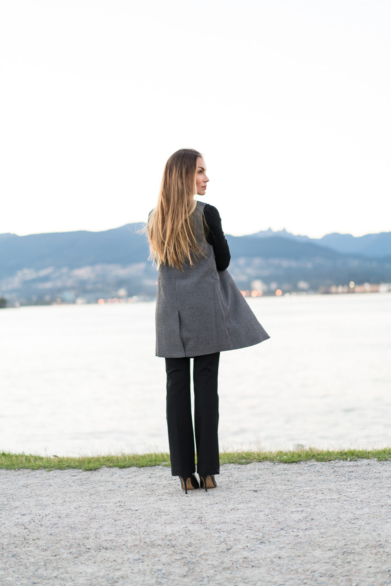 Macy's petite black dress pants black turtleneck grey vest black high heels fall business outfit angela lanter hello gorgeous