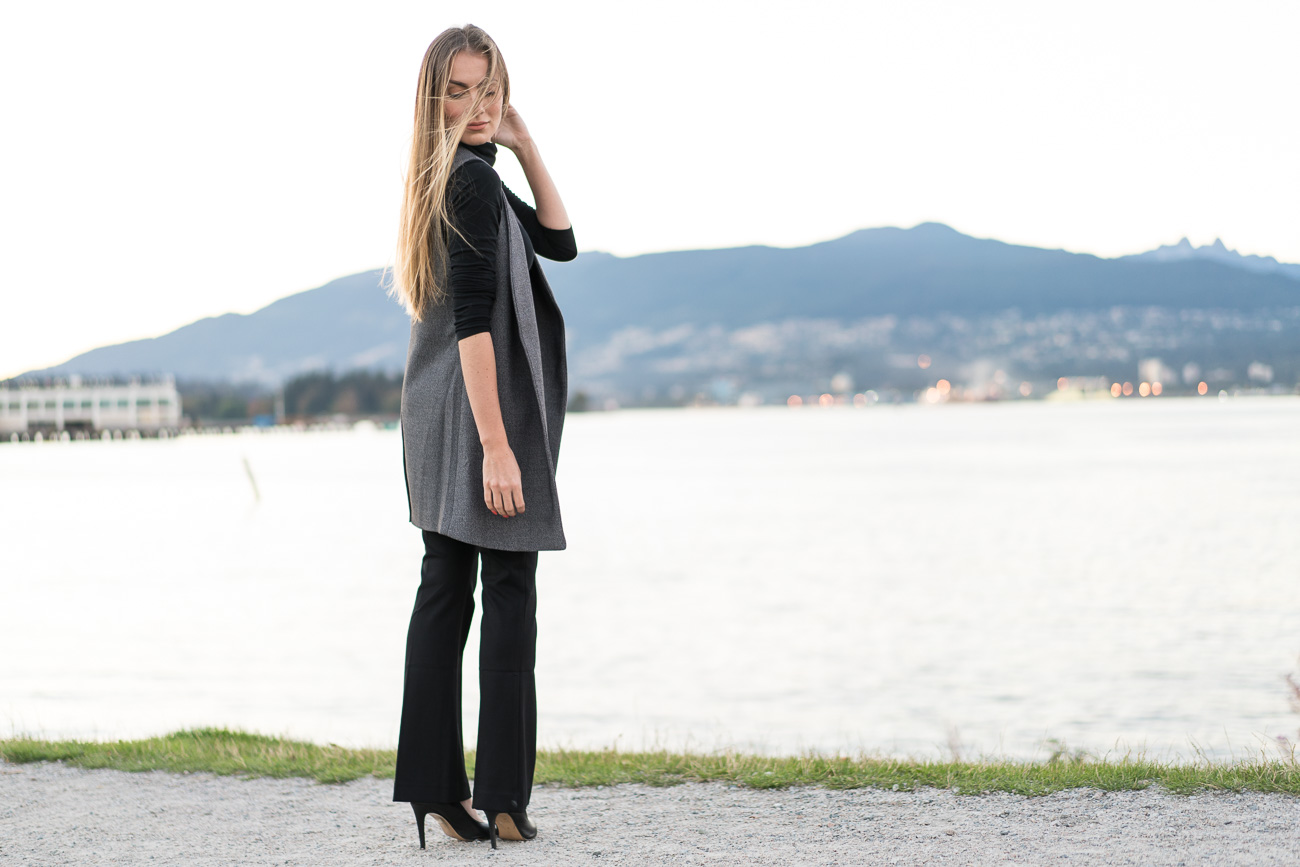 Macy's petite black dress pants black turtleneck grey vest black high heels fall business outfit angela lanter hello gorgeous