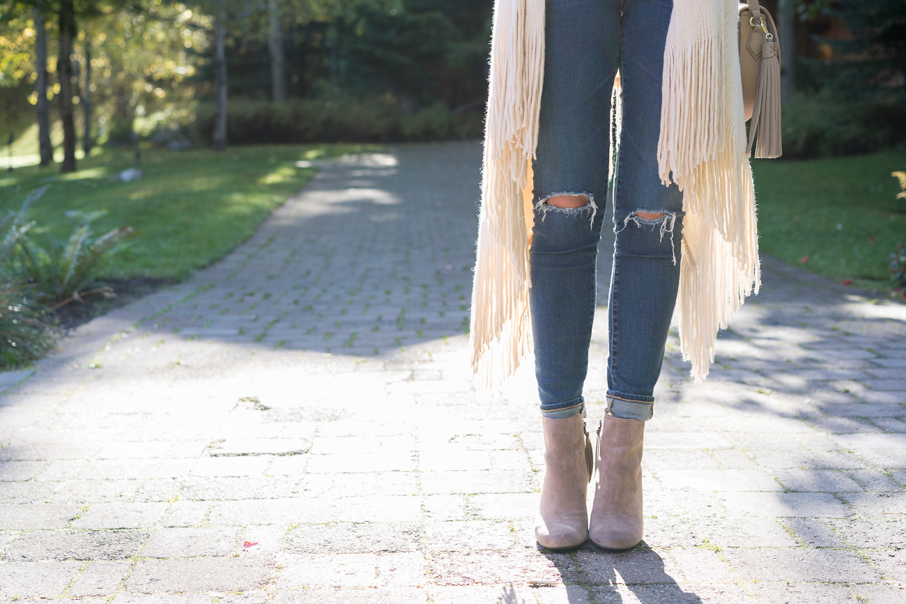 Nordstrom Fall outfit fringe sweater vest white thermal tee distressed ag skinny jeans dolce vita tan booties angela lanter hello gorgeous