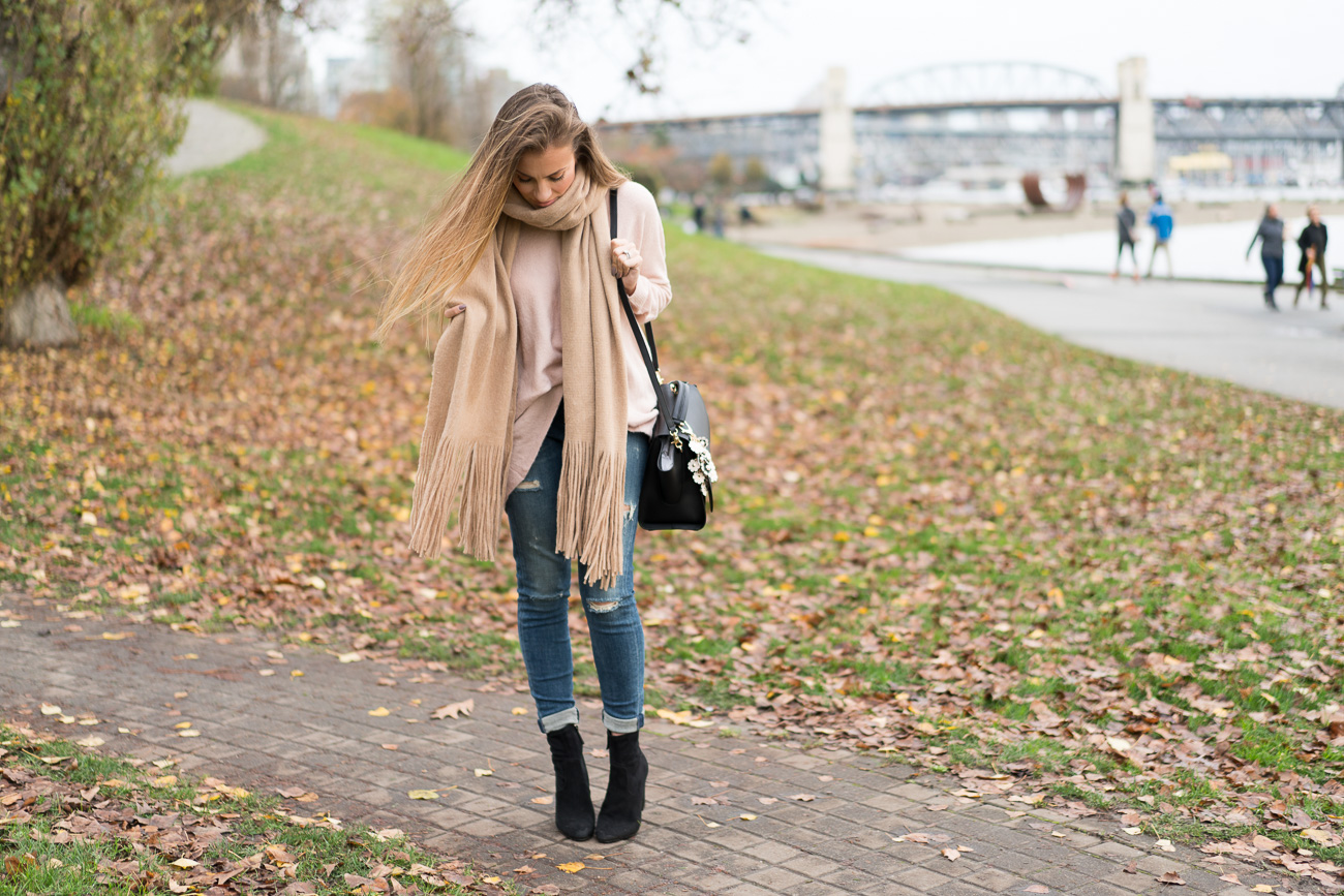 My Blogging Story blush pink sweater distressed skinny jeans black booties free people oversized scarf nordstrom casual outfit of the day angela lanter hello gorgeous