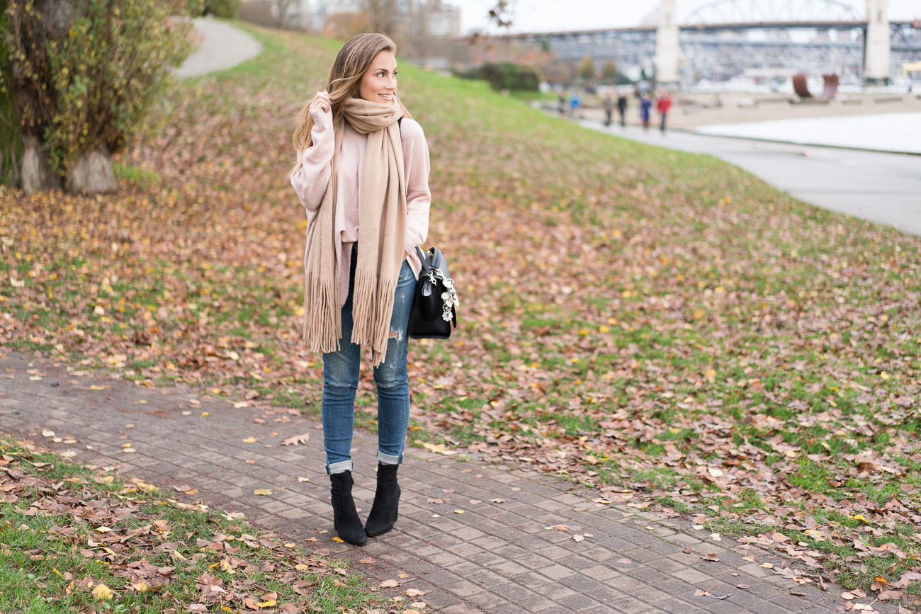 My Blogging Story blush pink sweater distressed skinny jeans black booties free people oversized scarf nordstrom casual outfit of the day angela lanter hello gorgeous