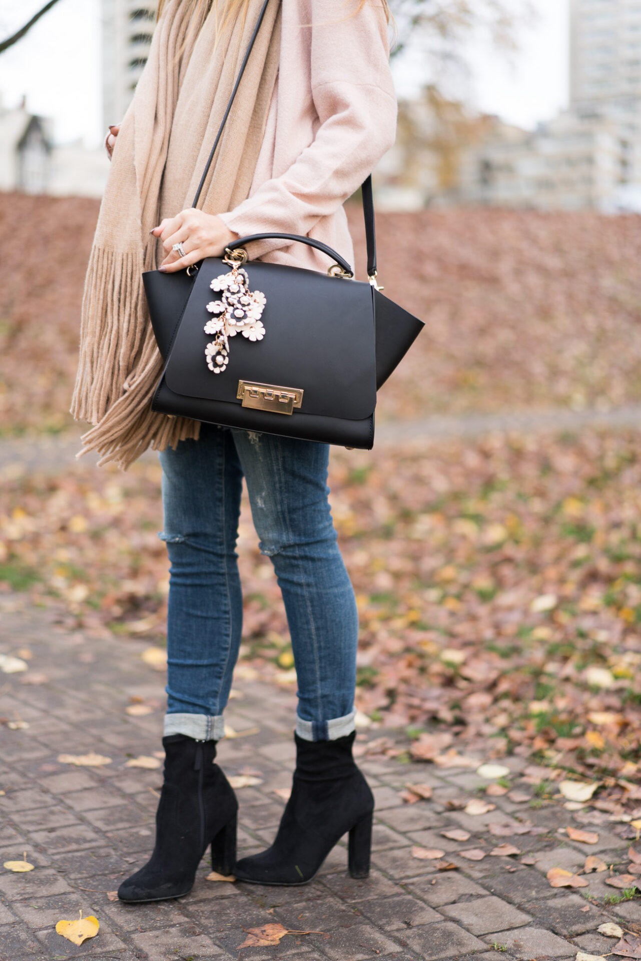 My Blogging Story blush pink sweater distressed skinny jeans black booties free people oversized scarf nordstrom casual outfit of the day angela lanter hello gorgeous
