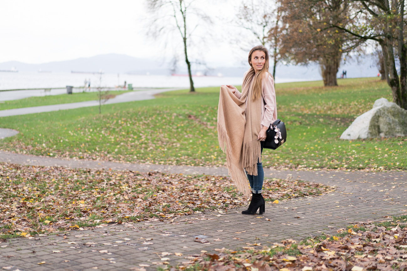 My Blogging Story blush pink sweater distressed skinny jeans black booties free people oversized scarf nordstrom casual outfit of the day angela lanter hello gorgeous
