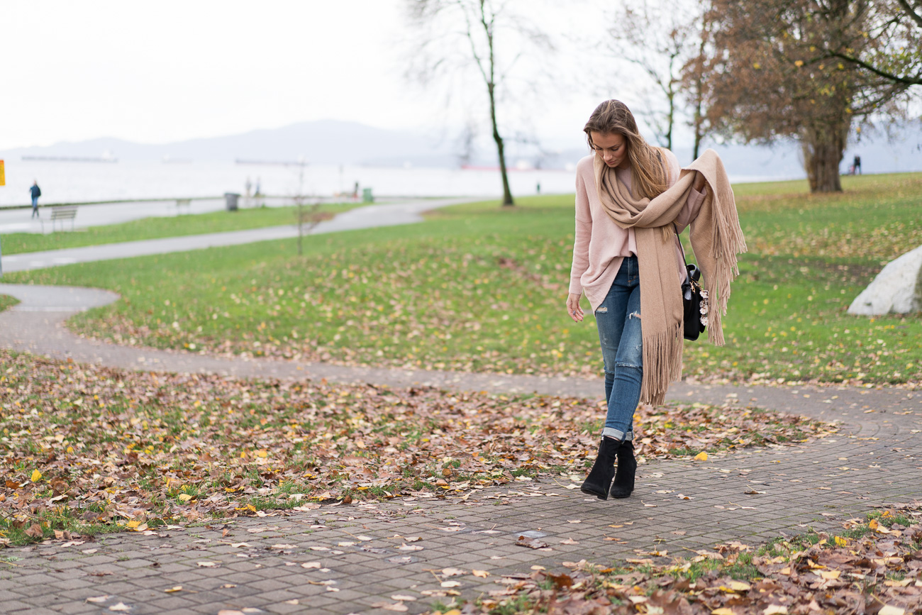 My Blogging Story blush pink sweater distressed skinny jeans black booties free people oversized scarf nordstrom casual outfit of the day angela lanter hello gorgeous