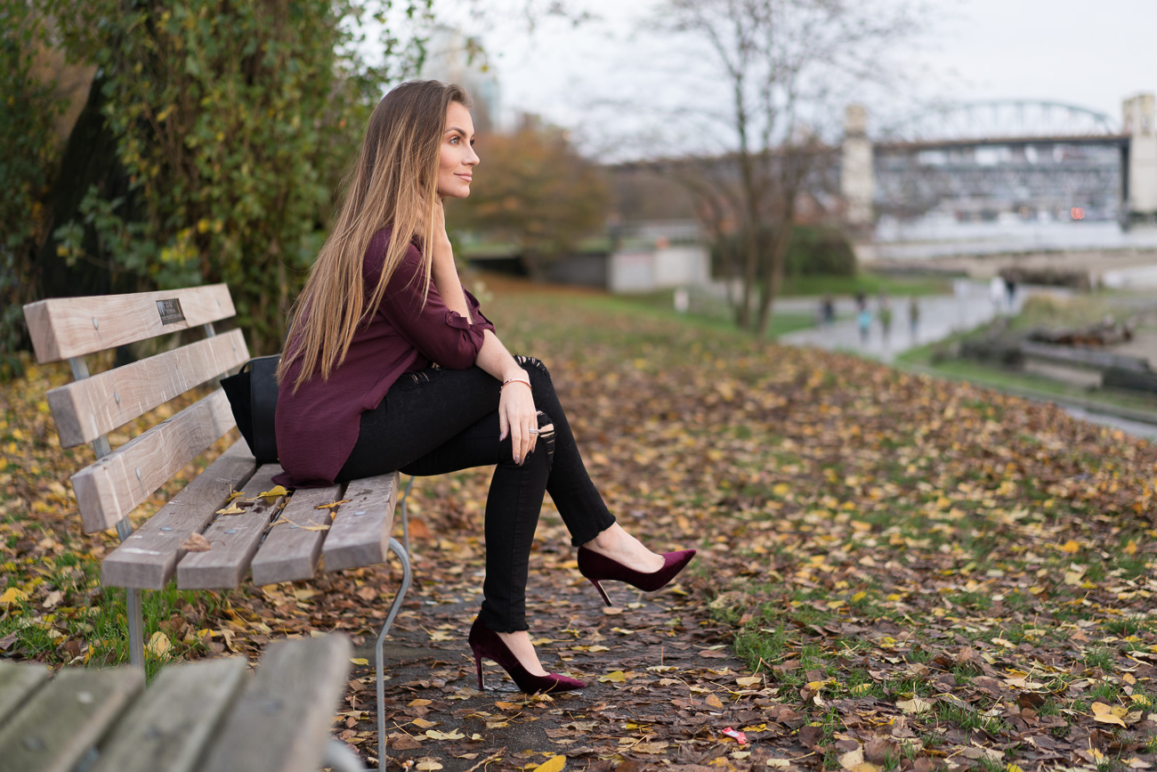 Nordstrom fall outfit lush burgundy twist front button up blouse black distressed frame denim skinny jeans sam edelman burgundy velvet heels angela lanter hello gorgeous