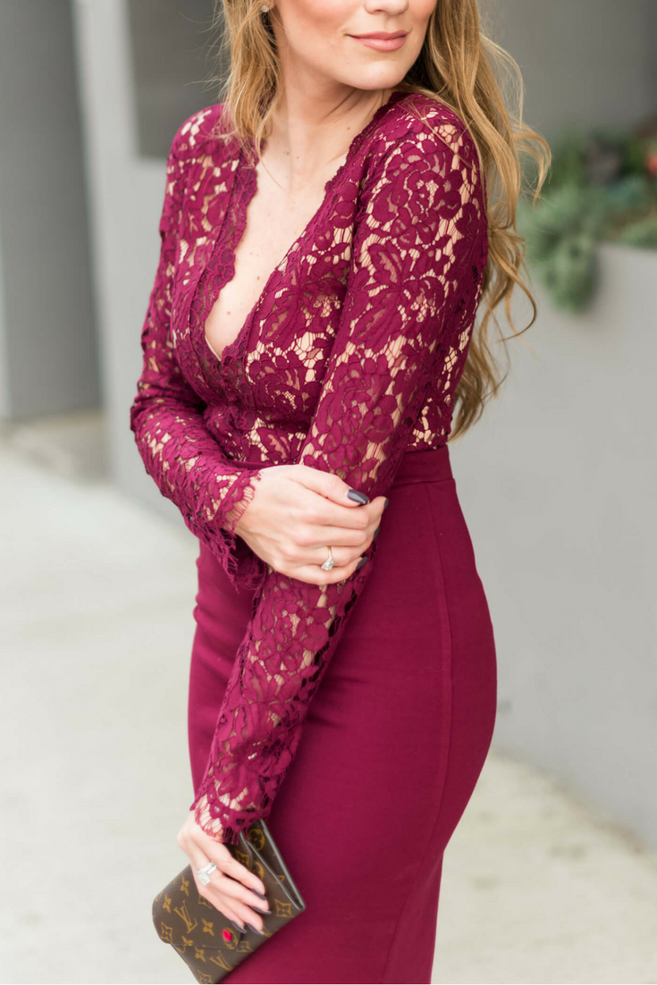 Angela Lanter Outfit. Lulu's Lace Dress in burgundy, Valentino Rockstud shoes and louis vuitton wallet. Hello Gorgeous Blog