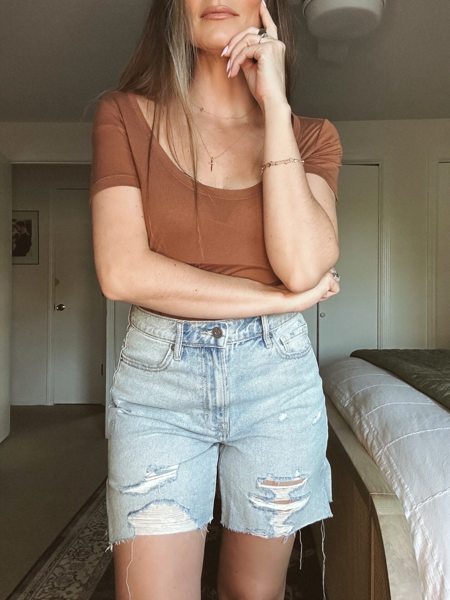 Best Mom Shorts for Summer
denim shorts styled by fashion blogger Angela Lanter