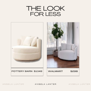 Pottery Barn swivel chair dupe from Walmart under $300! By lifestyle blogger Angela Lanter