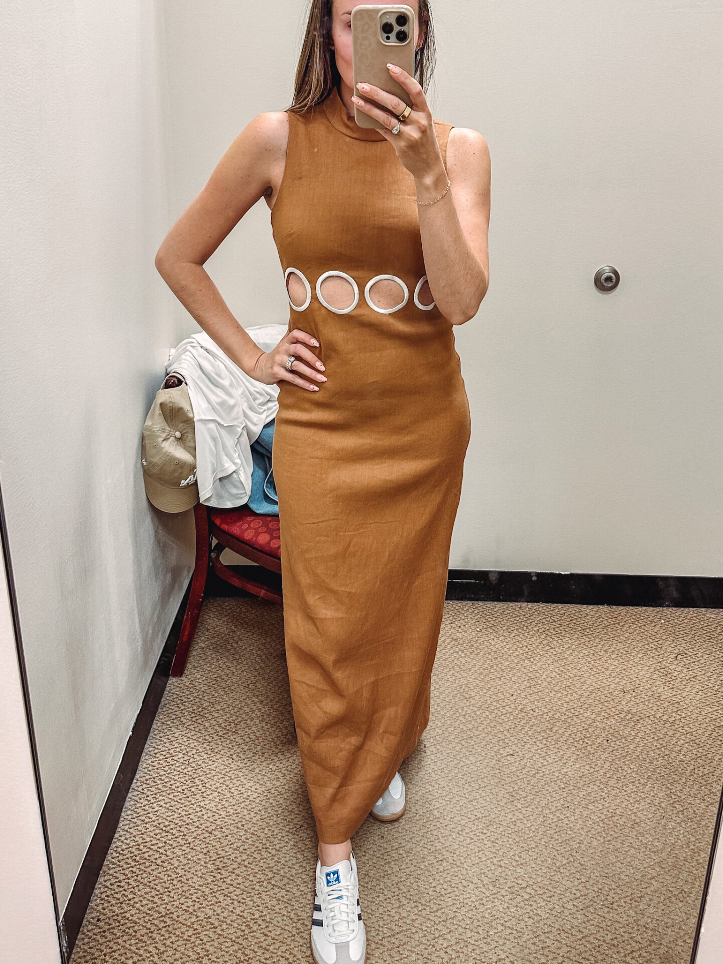 My Favorite Pieces From Dillard's Exclusive Brand: Antonio Melani X M.G. Style. Fashion blogger Angela Lanter wearing the x M.G. Style Jen Mock Neck Linen Blend Circle Cut Out Maxi Dress