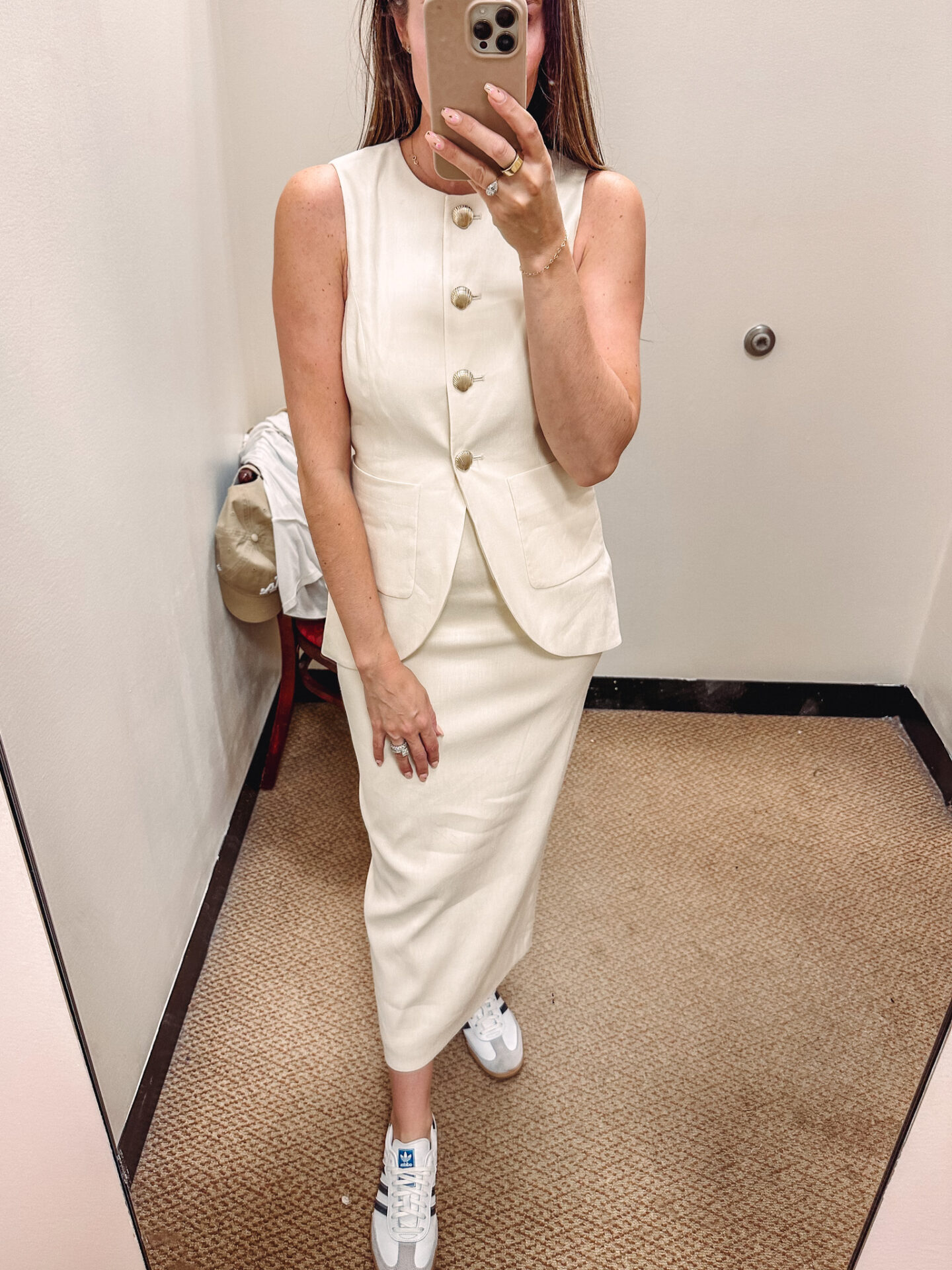 My Favorite Pieces From Dillard's Exclusive Brand: Antonio Melani X M.G. Style. Fashion blogger Angela Lanter wearing the x M.G. Style Nautical x M.G. Style Sophia Linen Blend Gold Shell Patch Pocket Coordinating Vest and Riviera Coordinating Linen Blend Skirt