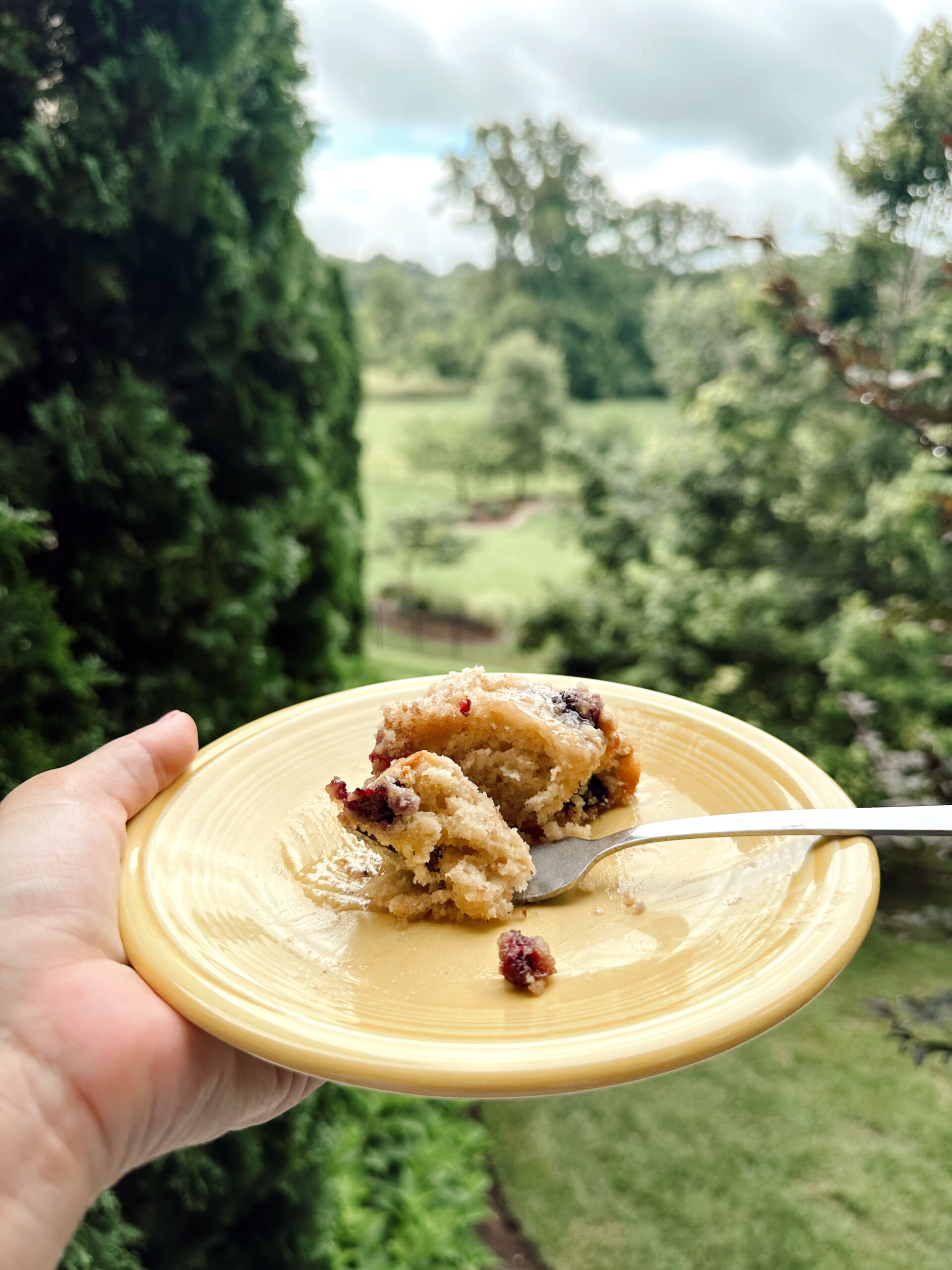 Sourdough discard blueberry muffin with a bite taken, served on a yellow plate outdoors.